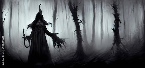 Abstract witch stands in dark foggy forest. Digital painting for book illustration,background wallpaper, concept art.