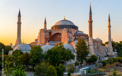 Hagia Sophia domes and minarets in the old town of Istanbul, Turkey, on sunset