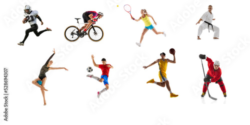 Collage. Young sportive people training, practising isolated over white studio background.