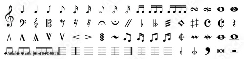 Music notes icon set. Set of musical notes. Black musical note icons. Music elements. Isolated music notes symbols on white background. Simple musical notes signs. Vector illustration