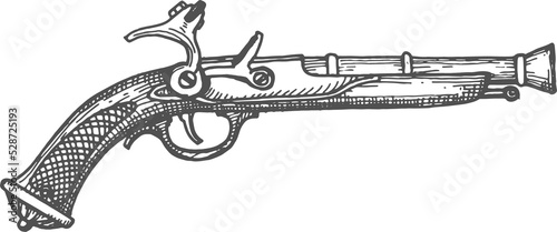 Pirate musket gun rifle, retro revolver isolated