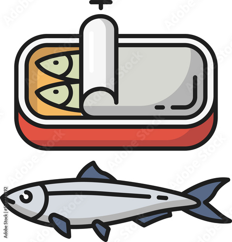 Canned sardines in oil isolate flat line fish icon