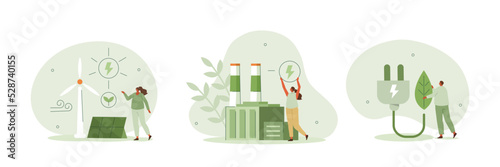 Sustainability illustration set. Sustainable clean industrial factory, renewable energy sources and green electricity. Environmental, Social, and Corporate Governance concept. Vector illustration.
