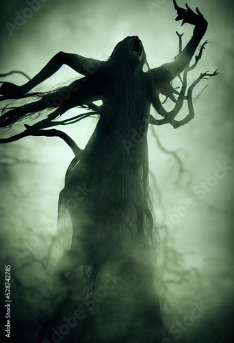 A computer illustration of scary sad female banshee spirit figure ghost morphing from a tee like figure against a gloomy misty background. A.I. generated art.