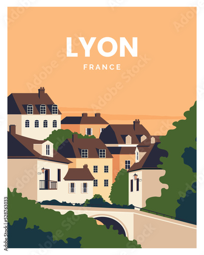 sunset in lyon france landscape background. Vector illustration with minimalist style for travel poster, print, postcard.