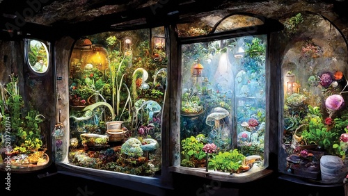 Children digital illustration, greenhouse with magic fairy tale plants, fairyland wallpaper, printable beautiful painting