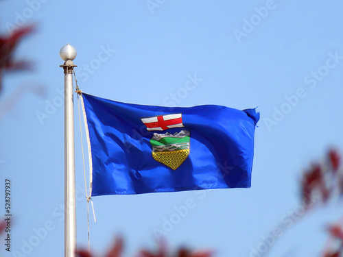 A waving of an Alberta flag. One of the province of Canada. during the summer time.