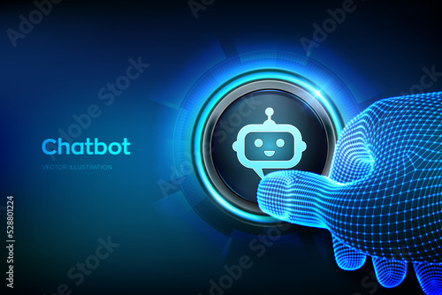 Chatbot assistant application. AI concept. Closeup finger about to press a button with robot chatbot head icon. Just push the button. Vector illustration.