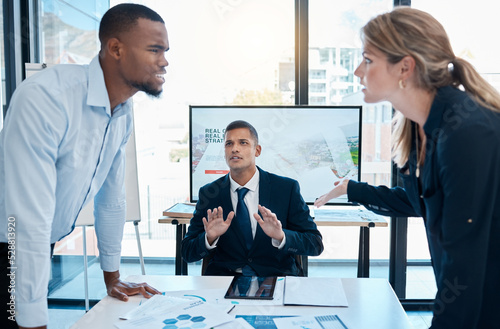 Business fight, team argument and angry lawyer dispute of corporate lawyers fighting in a meeting. Stress, anger and frustrated working colleagues over a client contract or opposite strategy opinion