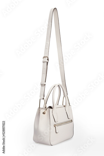 Women's White Leather shoulder bag with long strap Isolated on White Background. Female Hand handle bag, Briefcase hanging. Side view. Template, mock up