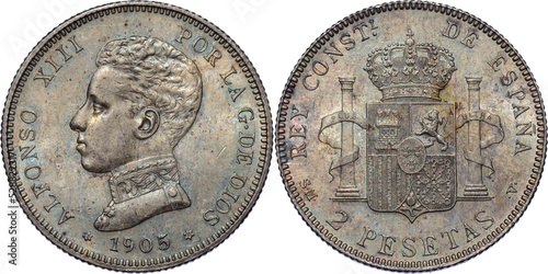 SPAIN, Alfonso XIII, 2 Pesetas 1905 SM-V, UNC