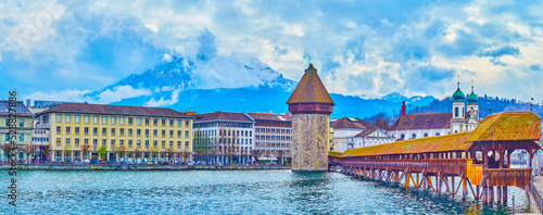 Panorama of Reuss river's landmarks in historical center of Lucerne, Switzerland