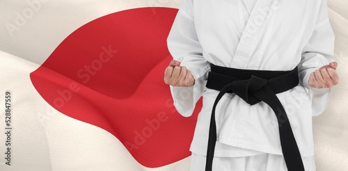 Midsection of martial artist standing against Japanese flag