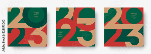 Happy New 2023 Year posters set. Typography geometric logo 2023 for branding, banner, cover, invitation card.