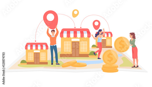 Small shops owners holding location pins on map. Small company or restaurant people with gold coins people flat vector illustration. Development, franchising, finances, marketing concept for banner