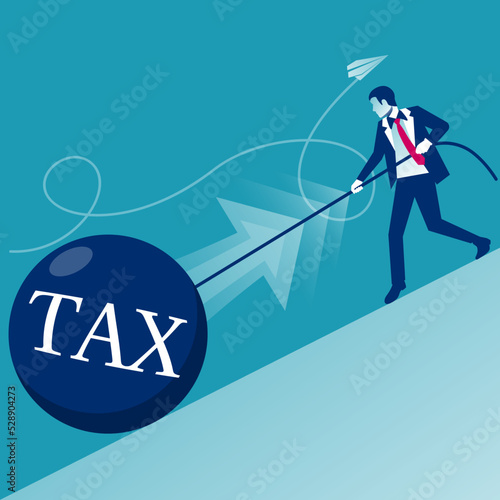 Businessman pushes up a large sphere. Taxes interfere with the development of a young man. Tax as heavy weight. Vector illustration flat design. A successful businessman copes with debt.