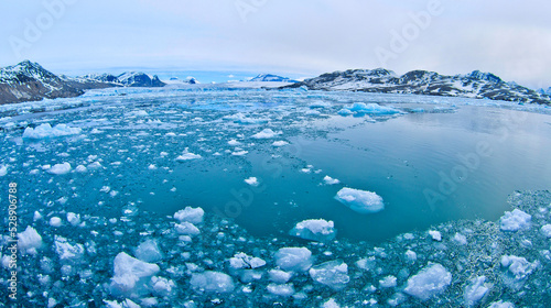 Drift floating Ice and Snowcapped Mountains, Iceberg, Ice Floes, Albert I Land, Arctic, Spitsbergen, Svalbard, Norway, Europe