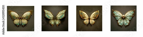 set of four art nouveau butterflies, pastel colors: beige, turquoise, shades of grey and brown, Generative AI