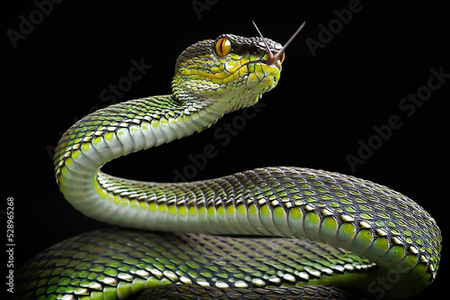 close up of a snake on a black background