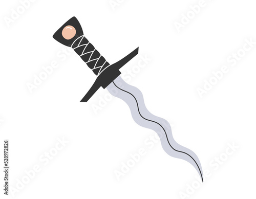 Hand drawn cute cartoon illustration of magic dagger. Flat vector esoteric element sticker in simple colored doodle style. Occult sword icon or print. Isolated on white background.