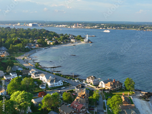 Pequot Point Beach and New London Harbor Lighthouse at the mouth of Thames River in city of New London, Connecticut CT, USA. 