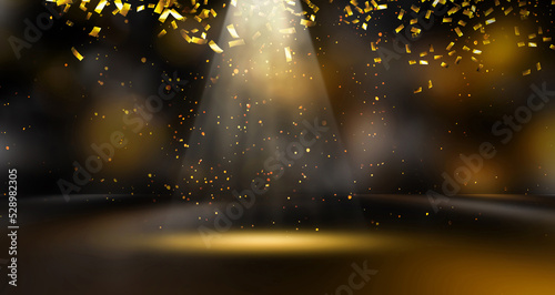 golden confetti rain on festive stage with light beam in the middle, empty room at night mockup with copy space for award ceremony, jubilee, New Year's party or product presentations