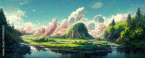 Natural landscape in anime style illustration. Generative AI