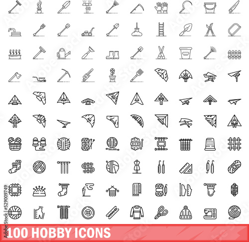 100 hobby icons set. Outline illustration of 100 hobby icons vector set isolated on white background