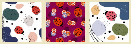 Seamless pattern of cute simple traditional ladybug, multicolored flowers and black outlines of leaves on a magenta background. Vector Scandinavian design for home textiles, wallpaper, paper