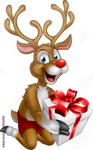 Santas Christmas Reindeer Holding a Gift