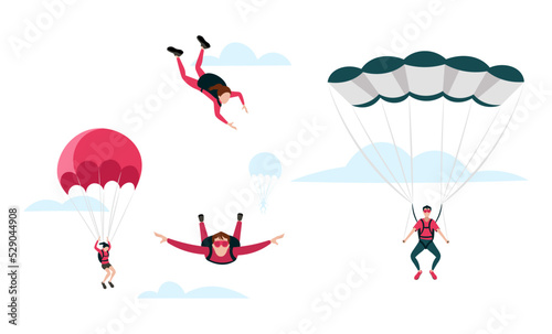 Set of people who skydive in cartoon style. Vector illustration of girls and guys who are free-falling and have already opened their parachute on white background with clouds.