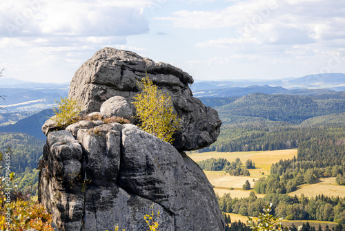 The high rock formations are very similar to the silhouette of a huge gorilla, natural wonders. Strzelinec, Poland