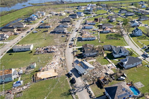 The destructive path of an E3 tornado after striking an Arabi neighborhood in St. Bernard Parish near New Orleans, Louisiana on March 22, 2022.
