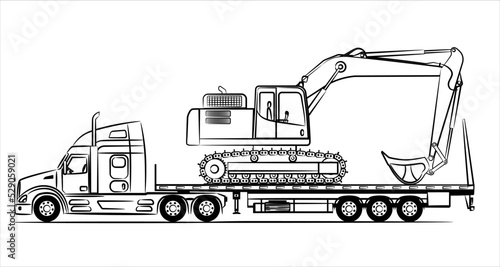 American Flatbed trailer truck abstract silhouette on white background. A hand drawn of a truck car. Trailer with axle extendable trailer rigged. Low Bed Trailer Truck with Excavator