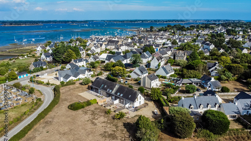 Aerial view of the seaside village of Locmariaquer near Carnac in Brittany, France - Residential neighborhood with secondary homes with a traditional architecture near the Atlantic Ocean