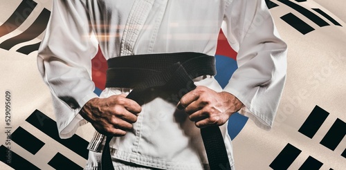 Midsection of martial artist holding belt against South Korean Flag