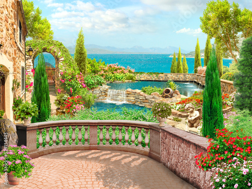 Digital illustration, view from the terrace to the seascape. Photo wallpapers. The fresco.