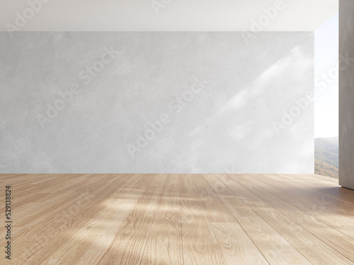 3d rendering of empty room with wooden floor and concrete wall .