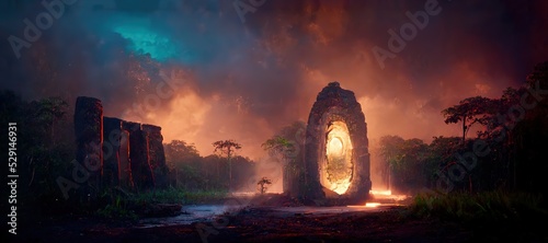 Evacuation portal in stone arch in burning jungles at night