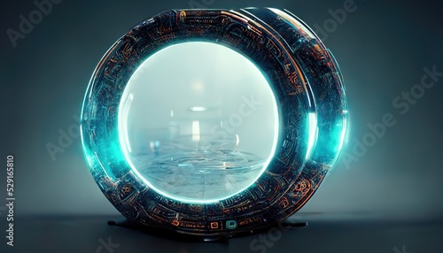 A futuristic circular portal, with an intricate technological design, a portal to another world isolated on a blue background.