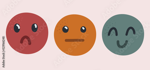 Vector illustration of client service rating. Smileis with different emotions from angry to happy. Three mood emotions angry, indifferent, satisfied.