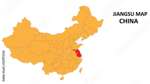 Jiangsu province map highlighted on China map with detailed state and region outline.