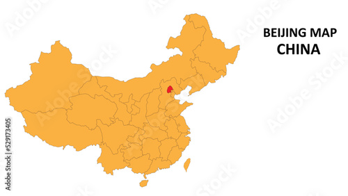 Beijing province map highlighted on China map with detailed state and region outline.