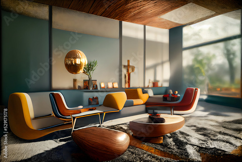 mid century modern style interior, neural network generated art. Digitally generated image. Not based on any actual scene or pattern.