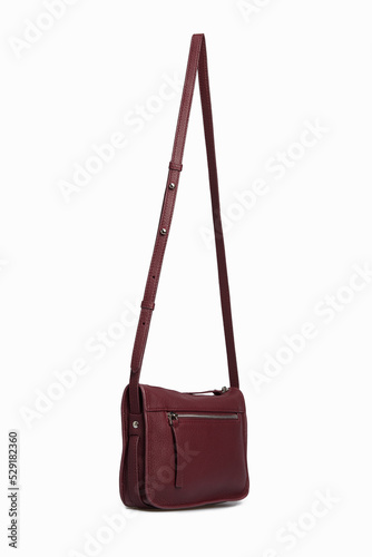 Women's burgundy Leather Bag Handbag Isolated on White Background. Blank female classic Cross body with long strap. Shoulder bag hanging. Mock up, template