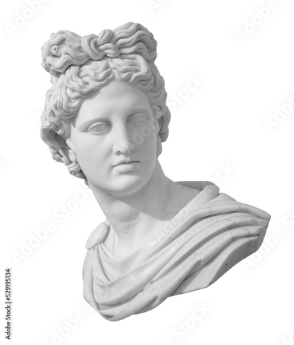 God Apollo bust sculpture. Ancient Greek god of Sun and Poetry Plaster copy of a marble statue isolated on white with clipping path