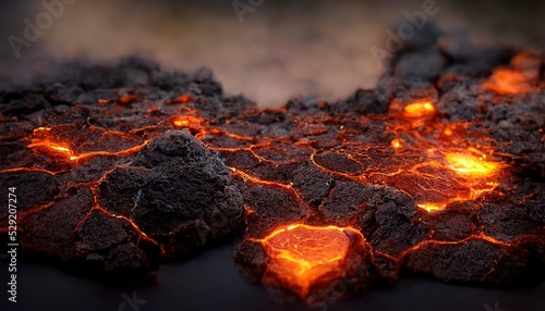 Raster illustration of fracture of the earths crust after a volcanic eruption. Magma, plasma, fire, dragon age, scorched earth, the awakening of the dragon, the element of fire. 3D rendering