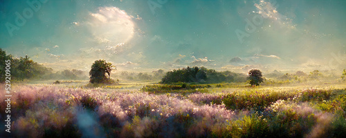 fantasy field landscape with flowers and green vegetation against the blue sky in fantasy style