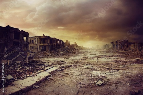 A post-apocalyptic ruined city. Destroyed buildings, burnt-out vehicles and ruined roads. 3D rendering
