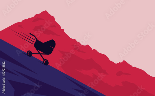 Low child birth rate. The carriage rolls down the slope. Decline in child births. Vector illustration